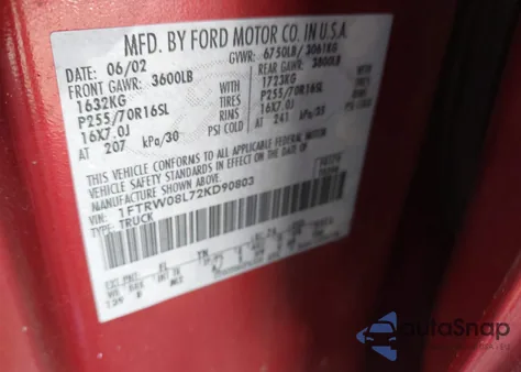 2002 Ford F-150 Lariat/Xlt from USA, damaged, VIN 1FTRW08L72KD90803